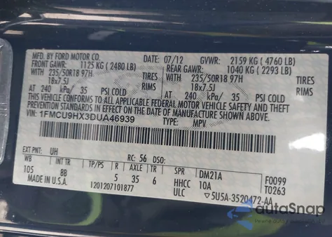 2013 Ford Escape Sel from USA, damaged, VIN 1FMCU9HX3DUA46939